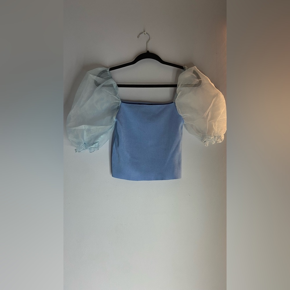 A blue top with puffy sleeves